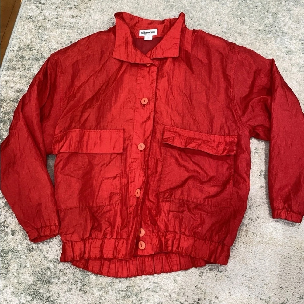 Vintage Silkworm’s Size M/L? Red Windbreaker Collared Button Bomber Jacket Korea